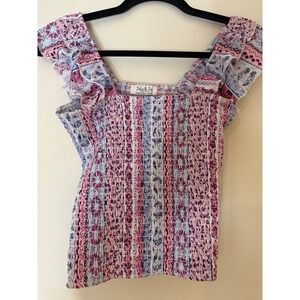 Jolie & Joy Smocked Ruffle Sleeve Top Pink Blue Floral Patchwork Boho Small